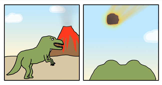 Comic excerpt of T.rex dinosaur the moment it noticed the meteorite barreling towards the Earth's surface (fictional depiction)