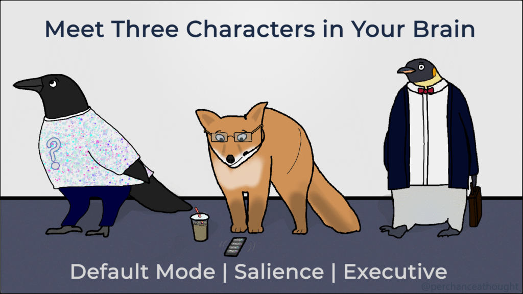 Cartoon crow, fox, and penguin representing brain decision-making networks.