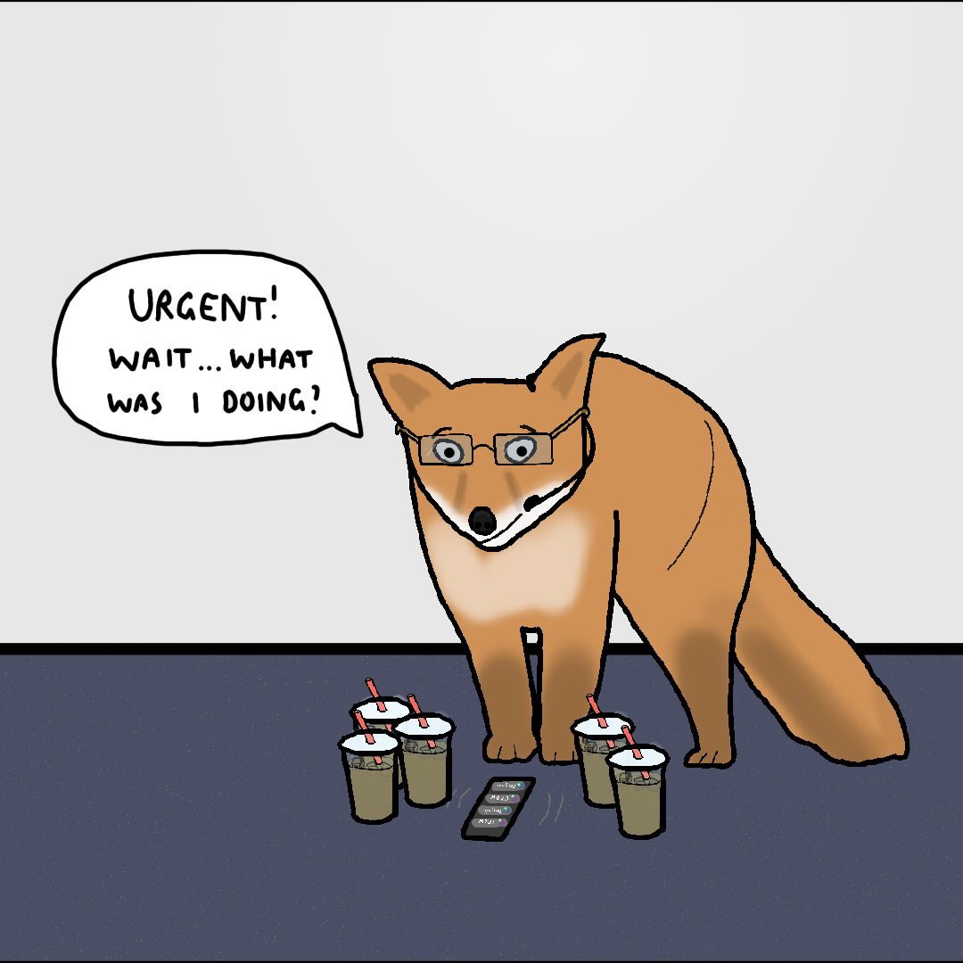 Overcaffeinated fox cartoon symbolizing the brain’s salience network detecting priorities.