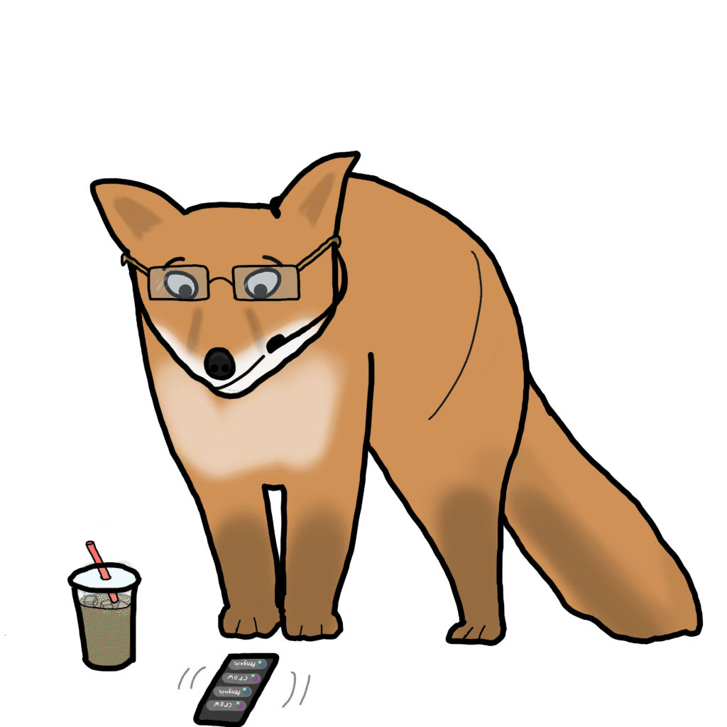 Cartoon fox with coffee cups representing the brain’s Salience Network and task switching.