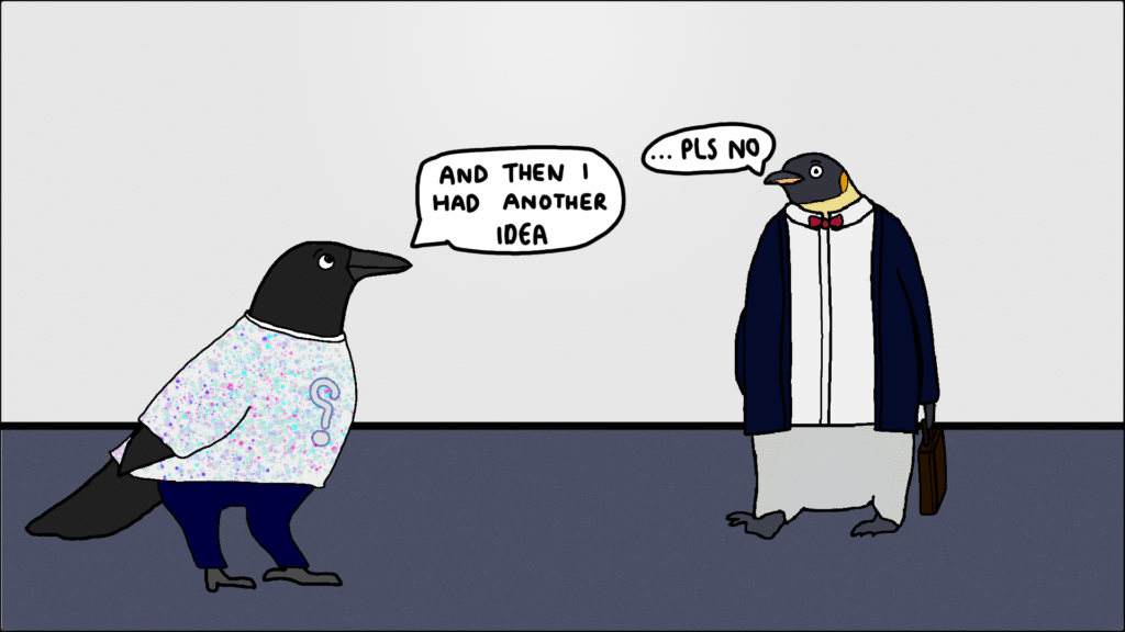 “Crow cartoon overwhelmed with thoughts, illustrating rumination in brain decision-making.