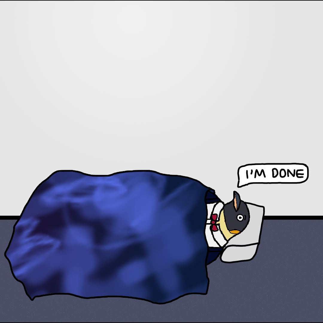 “Cartoon penguin lying down, representing reduced executive function in decision-making.”