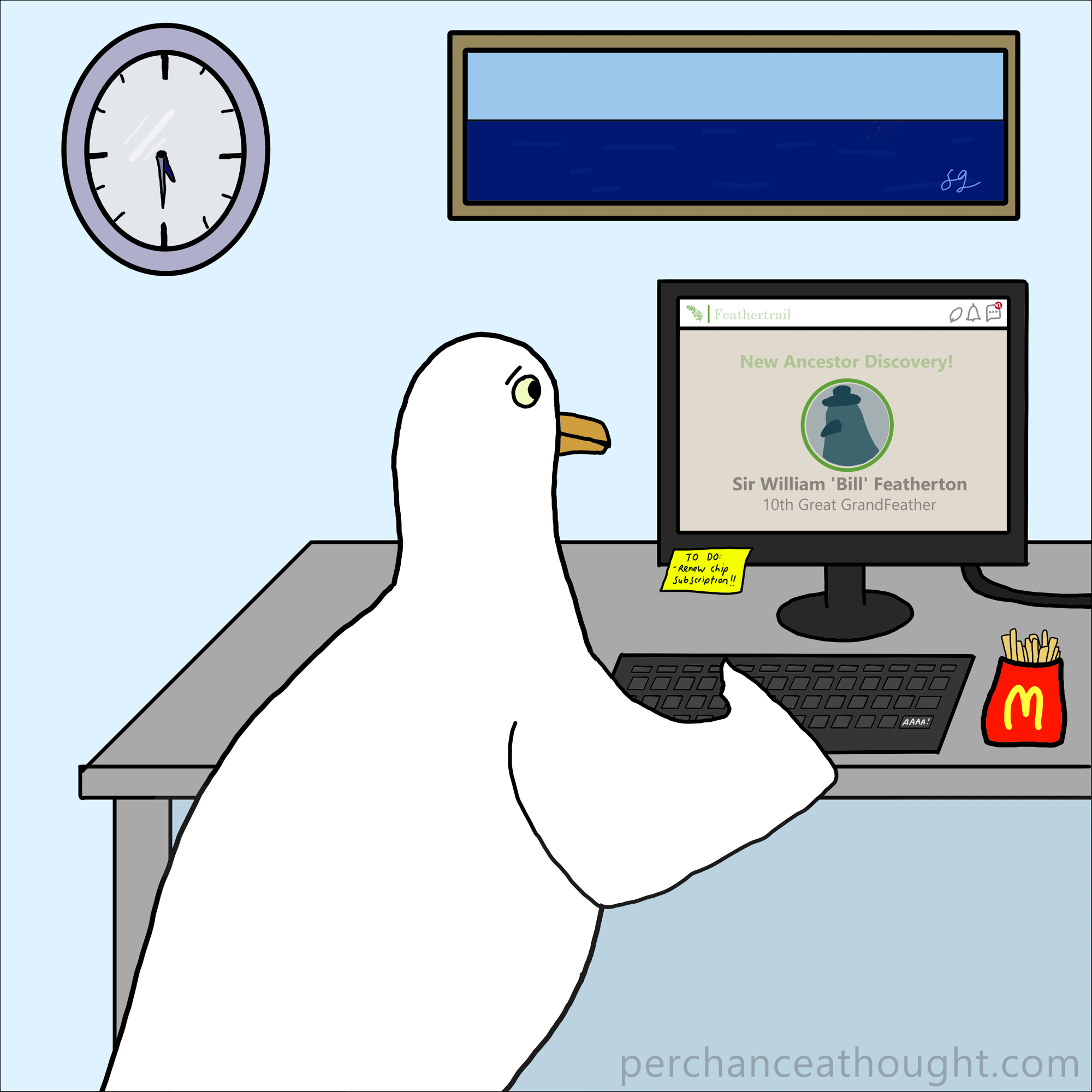 Illustration of a seagull sitting at a computer looking at an ancestry website