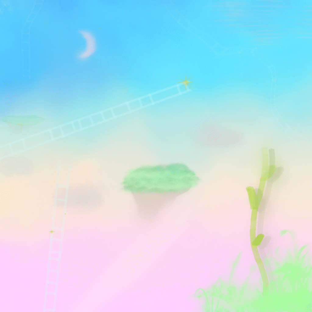 A visual depiction of the default mode network of the brain, featuring calm pastel colour transitions and a dreamy landscape. Symbolic of a place where it is easy to get lost in thought, and sometimes overthink. 